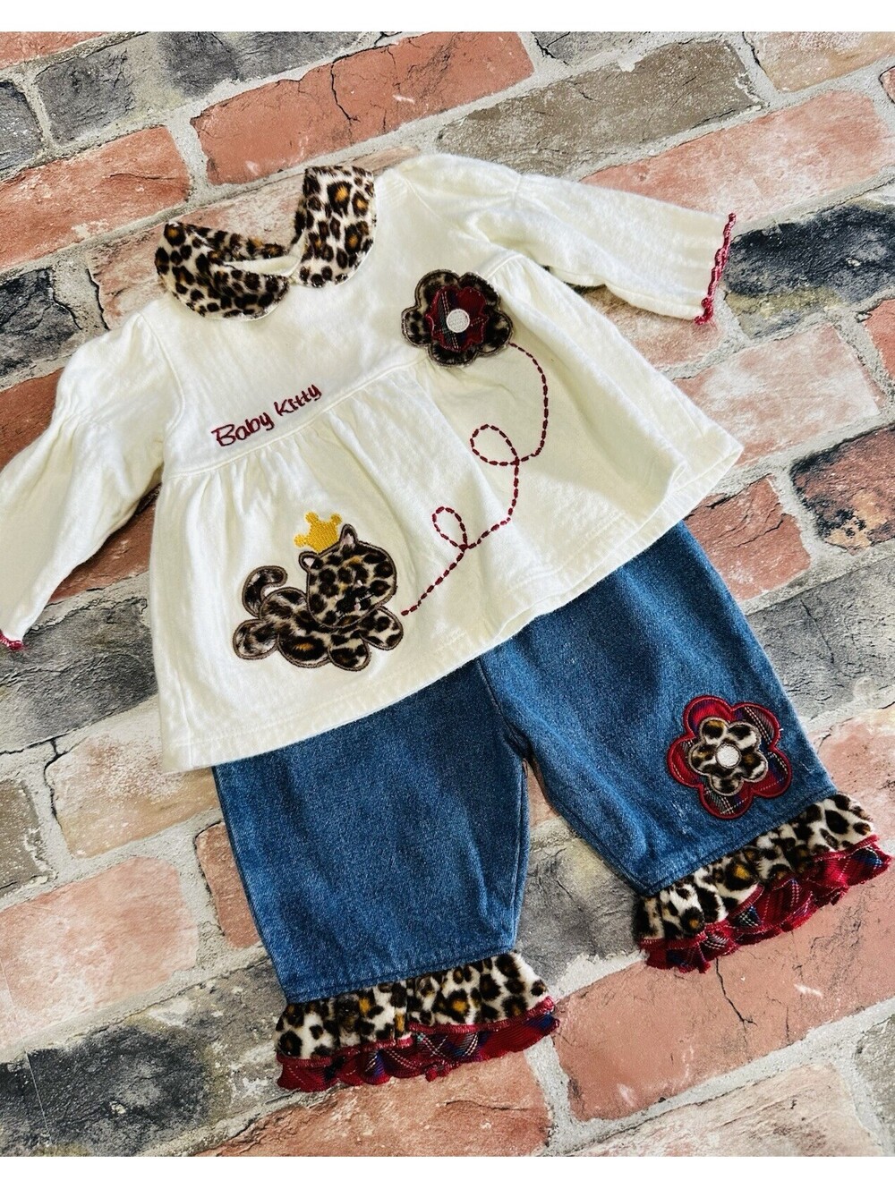 Baby Kitty Infant Girls 0-3M Leopard Cat Tunic Denim Pants 3-Piece Set